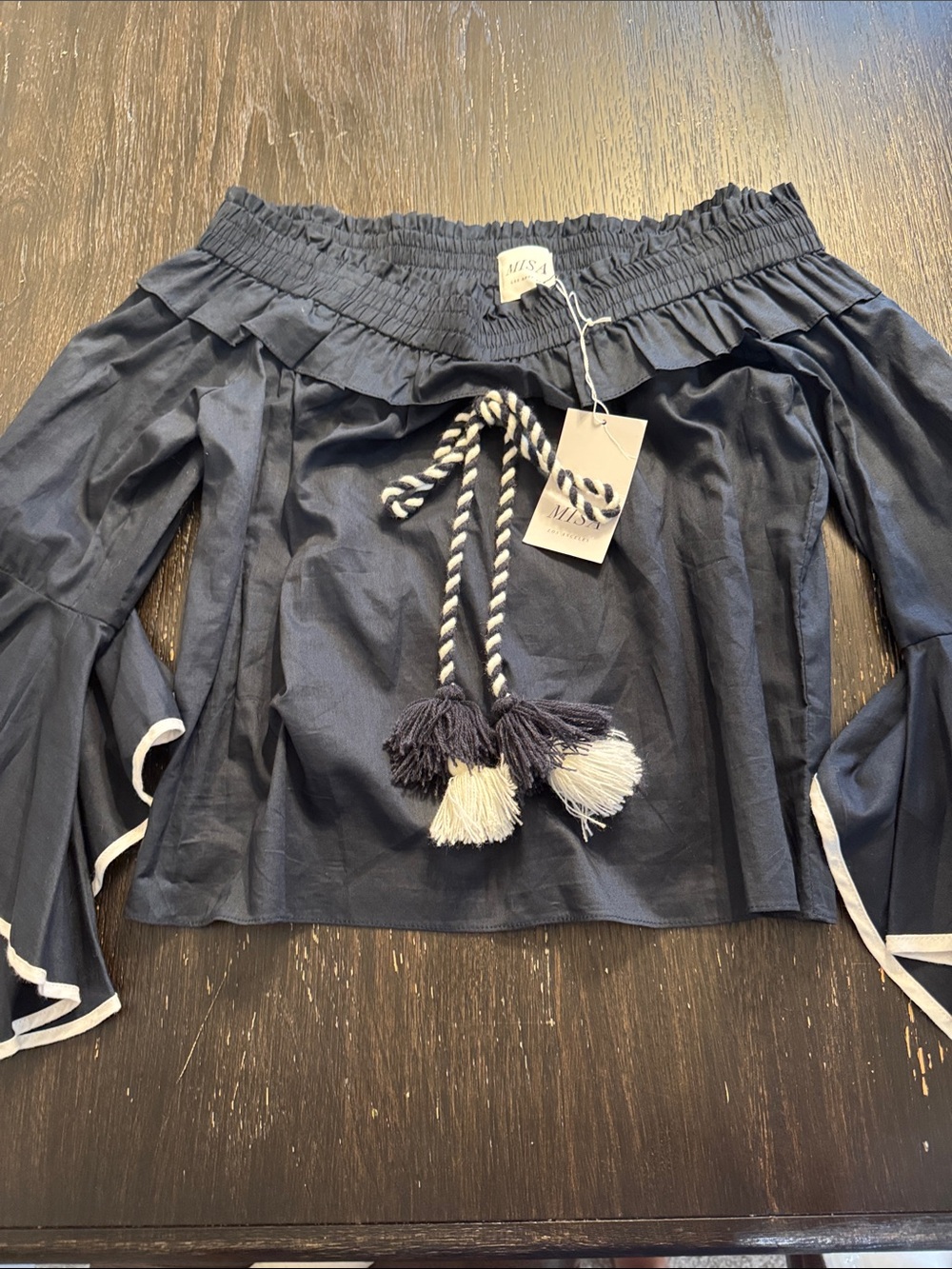 Misa Los Angeles Navy Off-Shoulder Tassel Tie Top